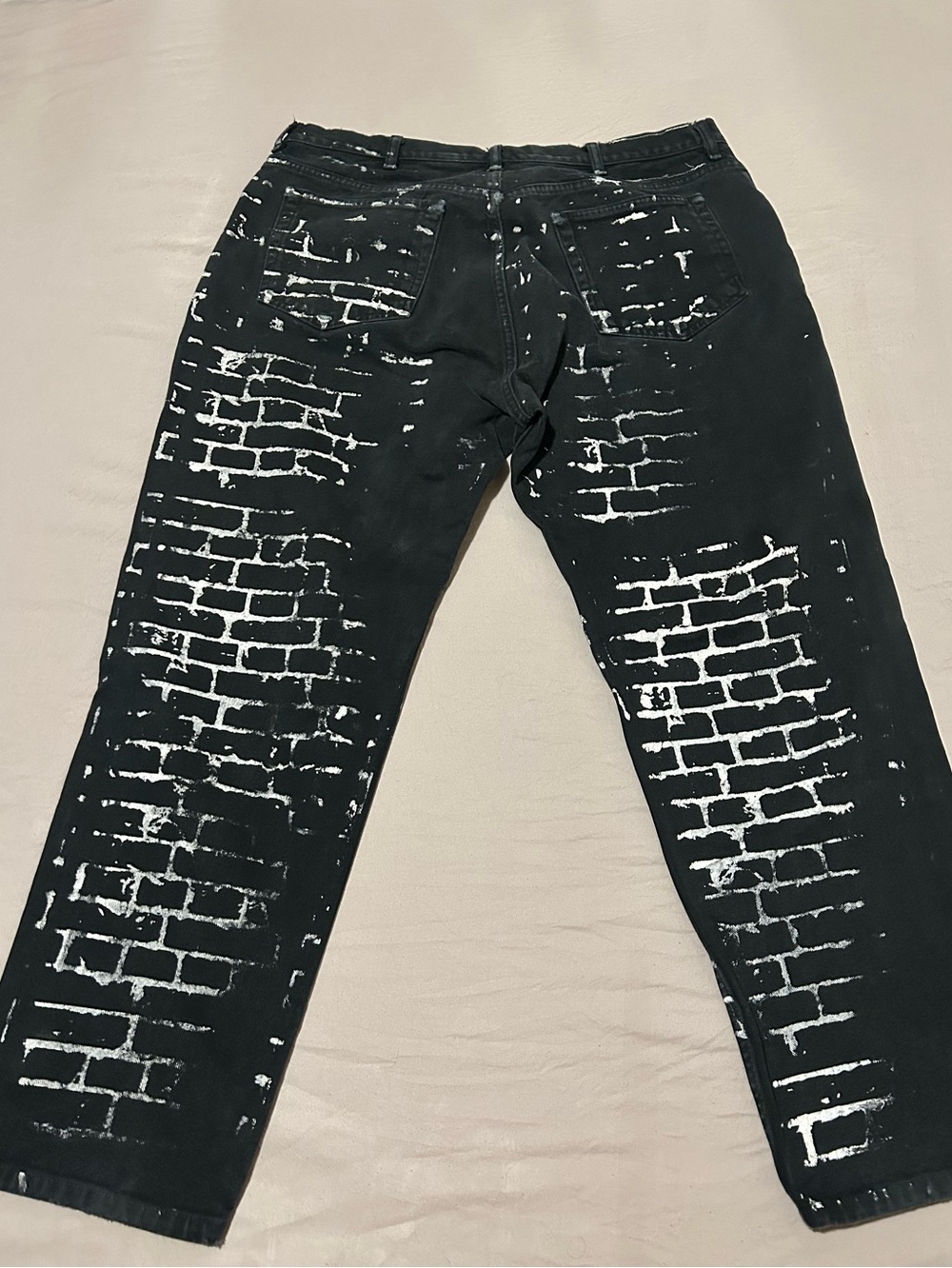 Black Straight Jeans with White Brick Print - Men's Straight Fit